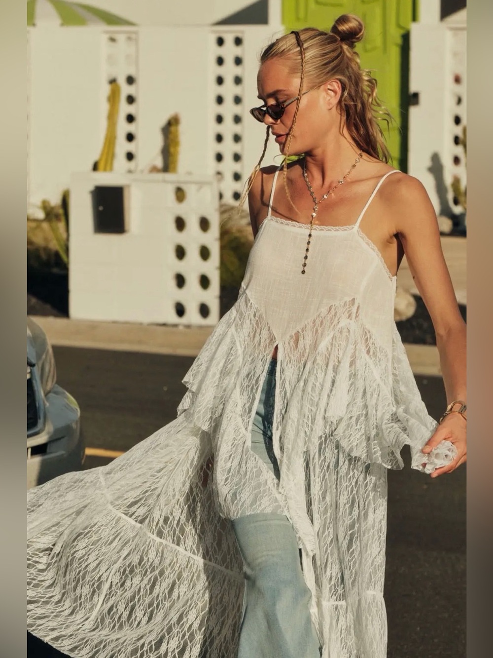 Boho Lace Tiered White Camisole Maxi Top by